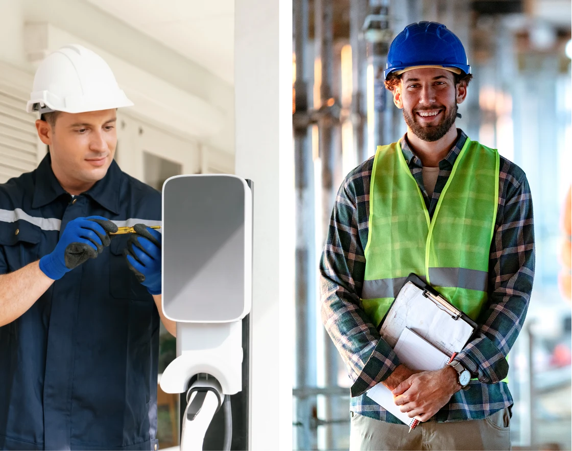 Two workers in construction gear and uniforms.
